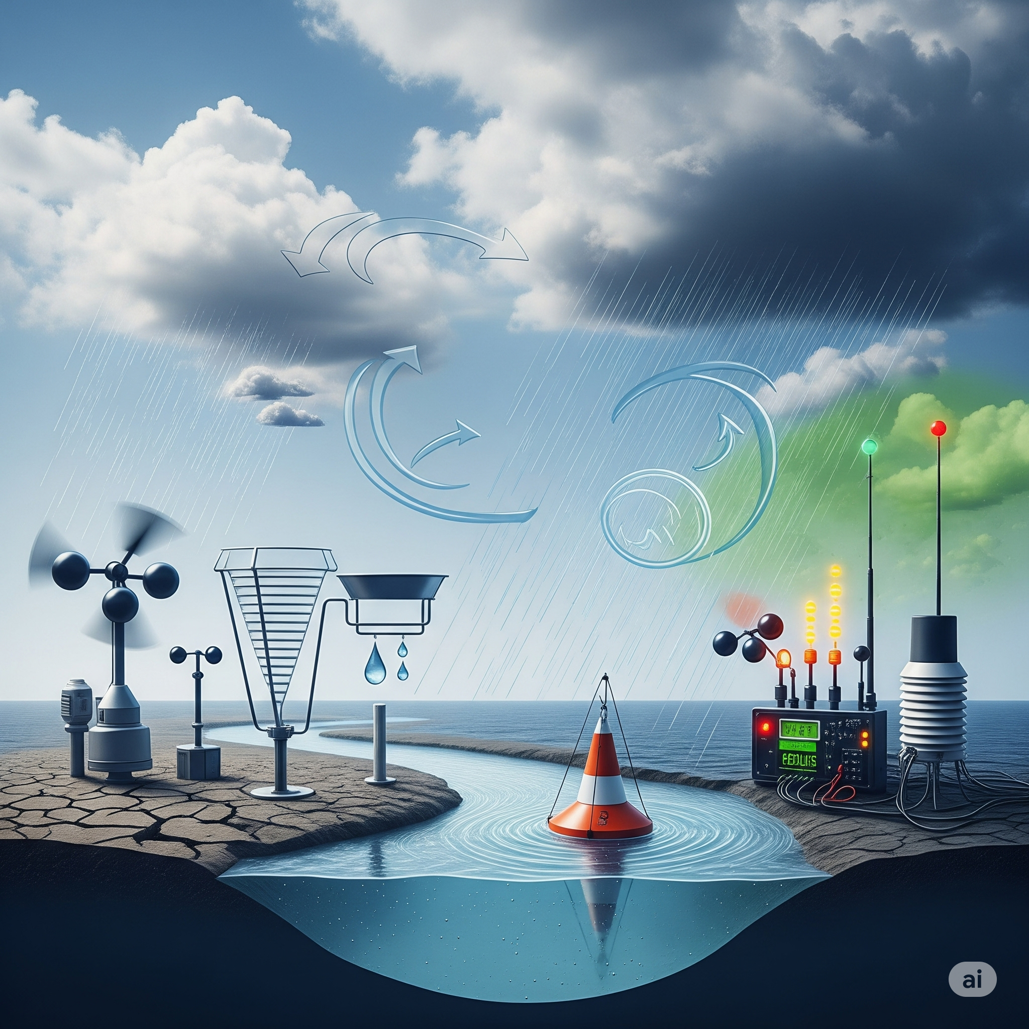 La imagen es una representación simbólica de la ciencia estudiando el ciclo del agua y el cambio climático. En un primer plano, varios instrumentos científicos como un anemómetro y un pluviómetro están interactuando con un río y un océano. El cielo muestra nubes de lluvia y el ciclo del agua con flechas. Elementos sutiles como un terreno agrietado y un cielo de color inusual representan el impacto del cambio climático.